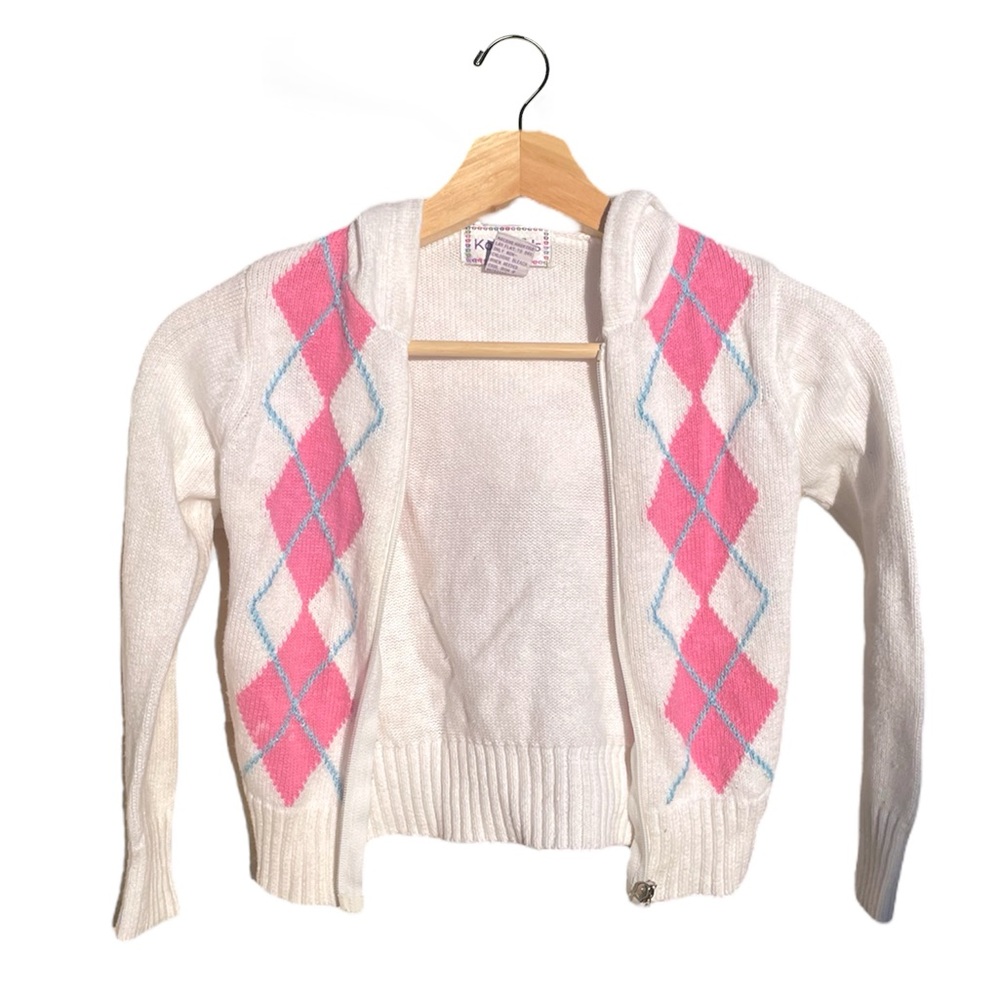 3 for $12: Girls White and Pink Argyle Zip-Up Hoodie Size M 5/6